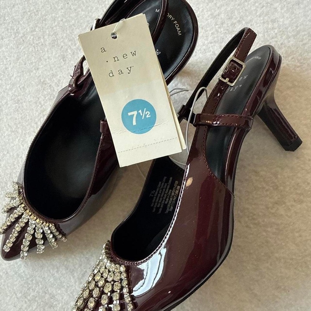 A New Day - Serafina Slingback Pumps - Burgundy with Rhinestones Size 7.5